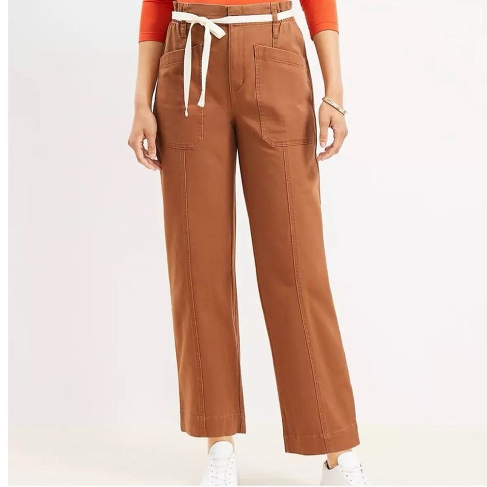 LOFT Paperbag Utility High Rise Straight Leg Cotton Twill Belted Pants Brown 12